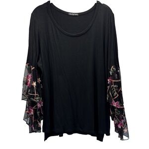 Cha Cha Vente Women's Top Sz 1X Black Floral Embroidered Sheer Mesh Bell Sleeves